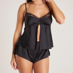 Bow Cami Pyjamatop i Satin - Sort