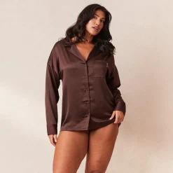 Classic Satin Pyjama Skjorte - Chokolade