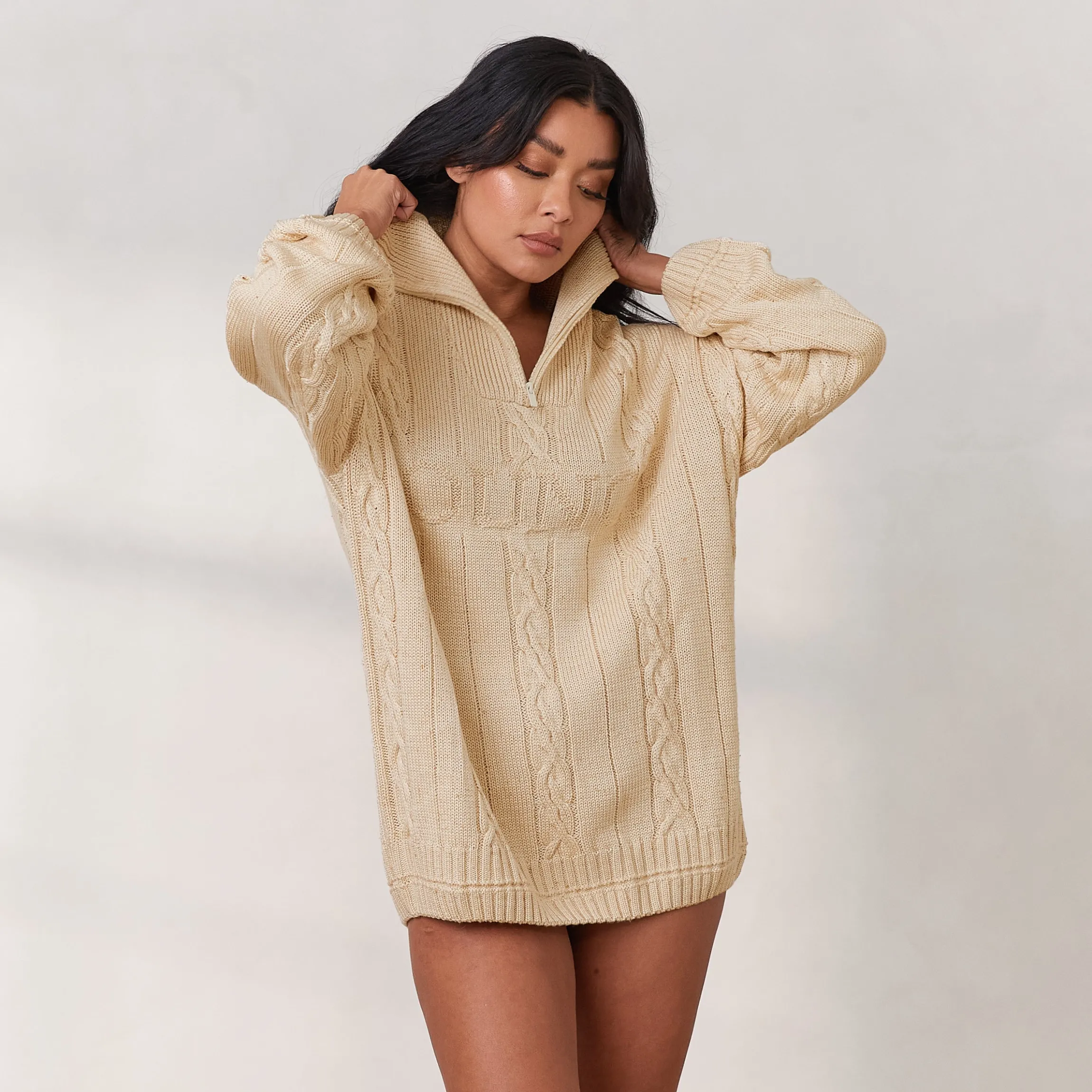 Cosy Strik-Trøje med Kvart Lynlås - Creme