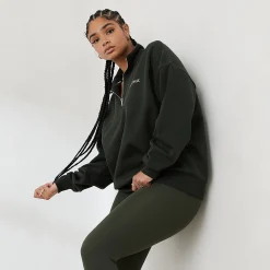 Essential Oversized Trøje med Kvart Lynlås - Fyrretræsgrøn