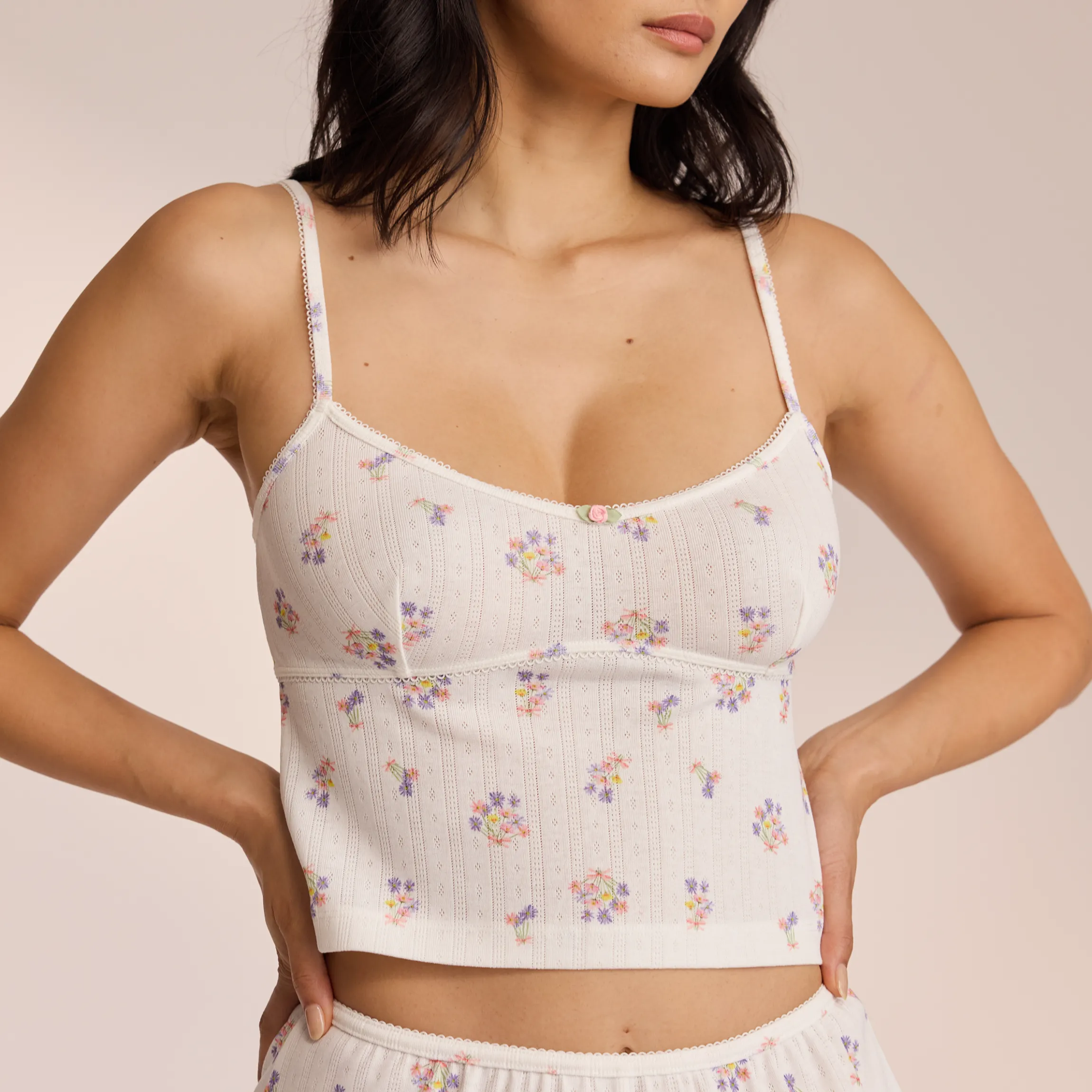 Pointelle Cami Pyjamatop - Hvid Floral