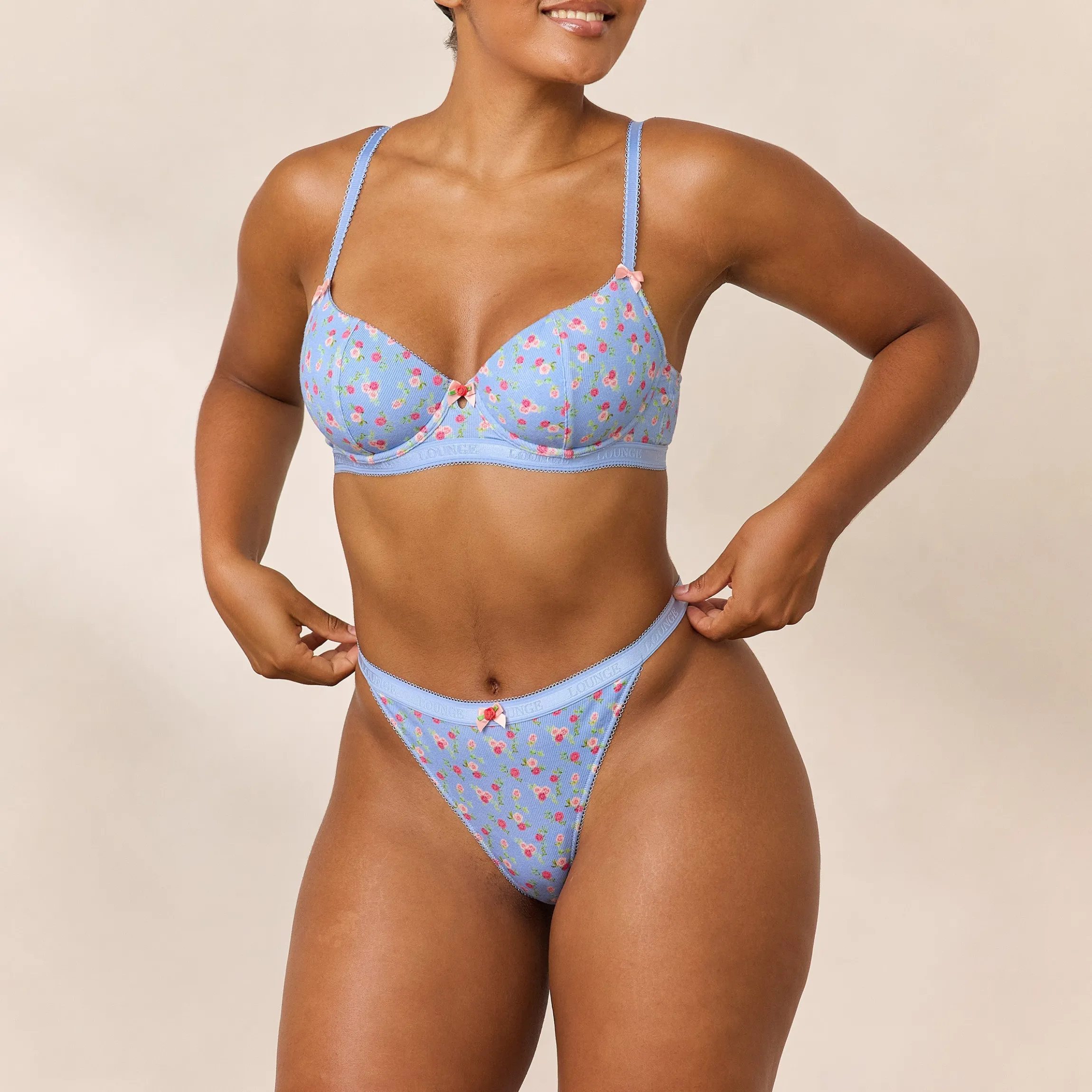 Rosebud Ribbed Balcony BH - Blomstret Blå
