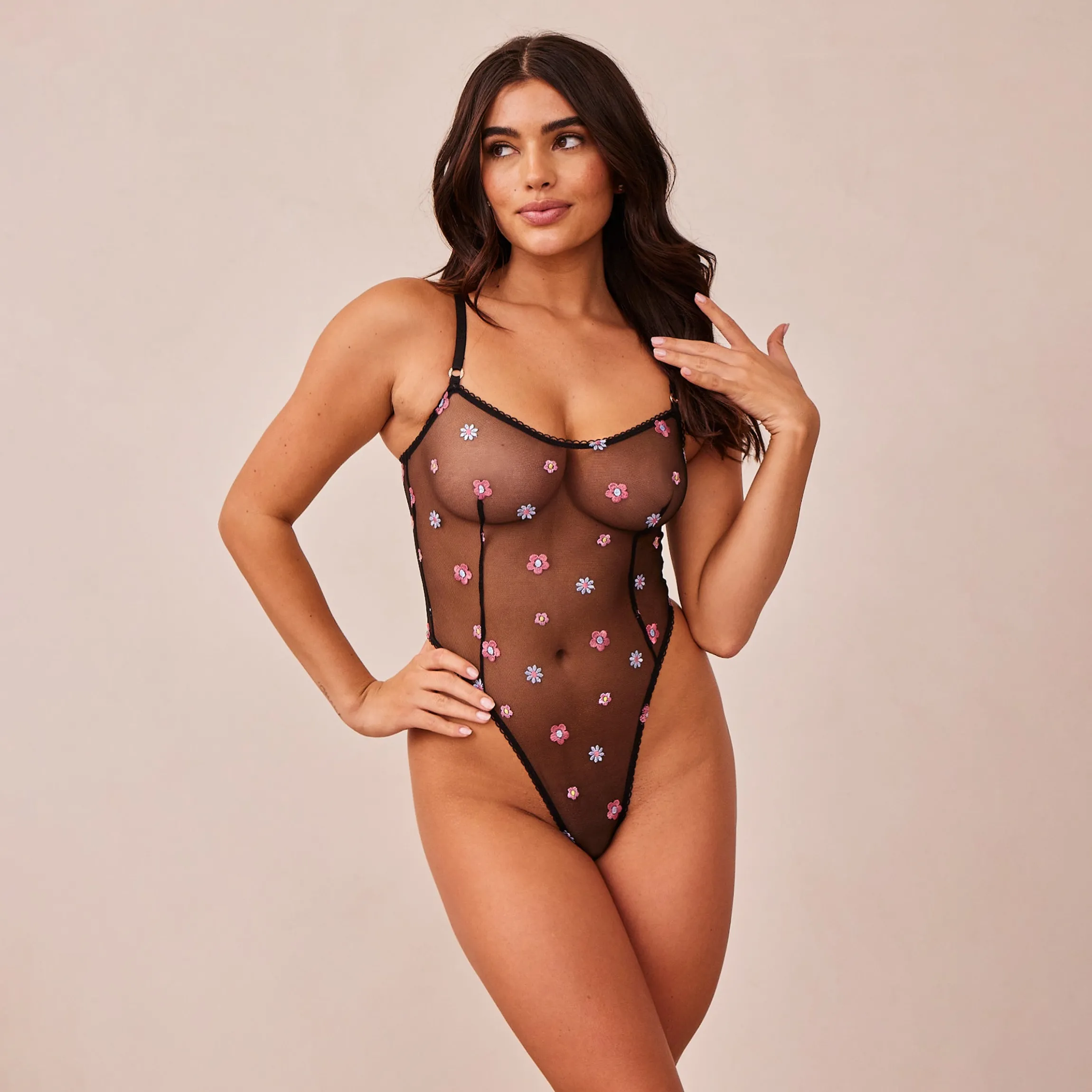 Sheer Floral Bodysuit - Sort