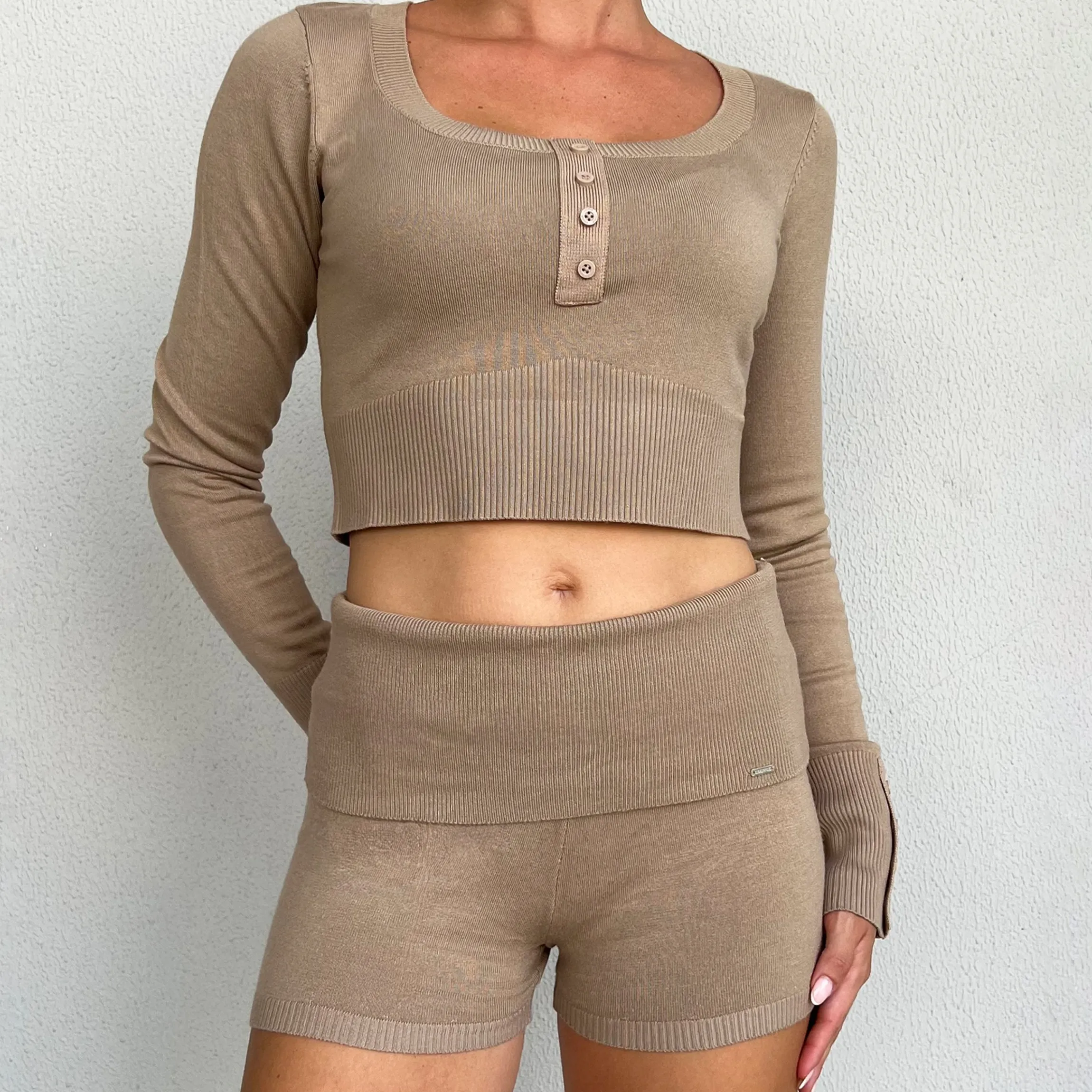 Strikkede Shorts med Foldet Talje - Mink