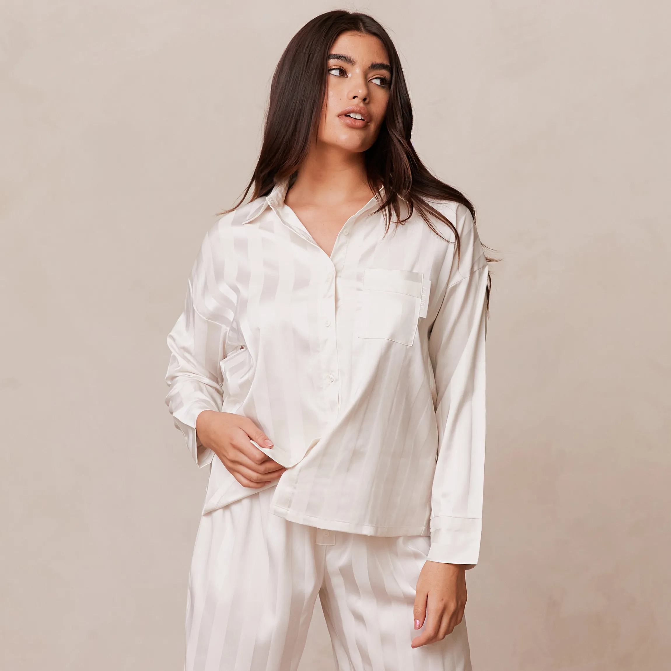 Striped Satin Pyjama Skjorte - Perle
