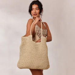 Tote Bag med Strå - Beige