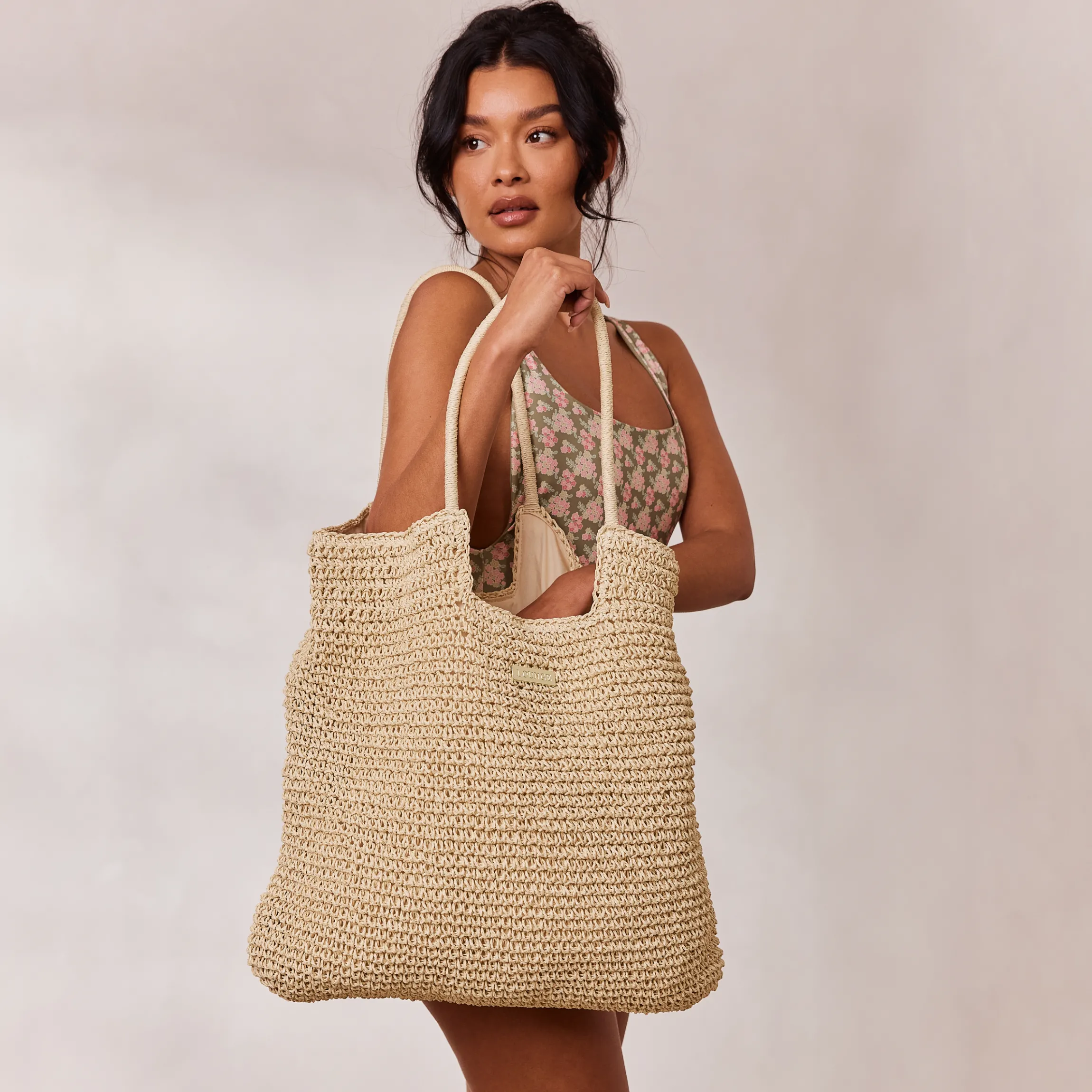 Tote Bag med Strå - Beige